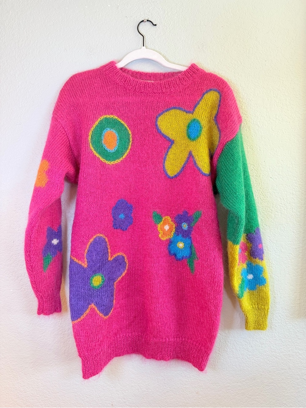 One Step Up Vintage 80s Mohair Blend Floral Pink Green Girlhoodcore Sweater L